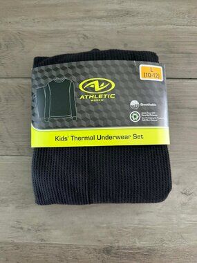 NEW 2Pc 10-12  (M) Boys Black Thermal Underwear Set-Waffle Knit